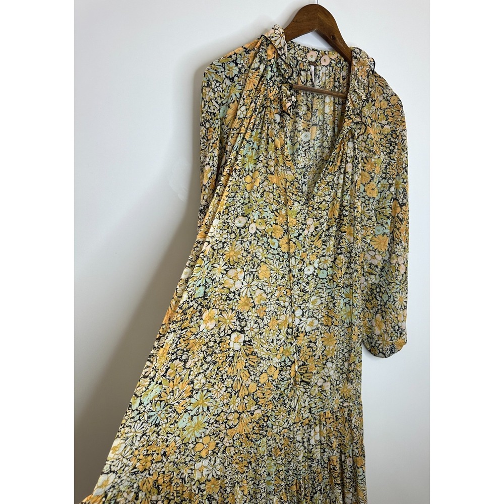 Free People Feeling Groovy Maxi Dress Yellow Floral Sheer Tiered LS Size Medium - Picture 7 of 16
